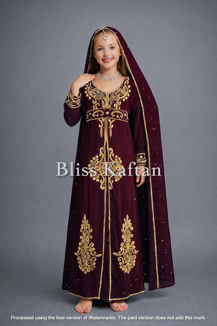 Girls Moroccan Kaftan Dress | Dubai Style Beaded Abaya, Eid Festival Outfit - image 3