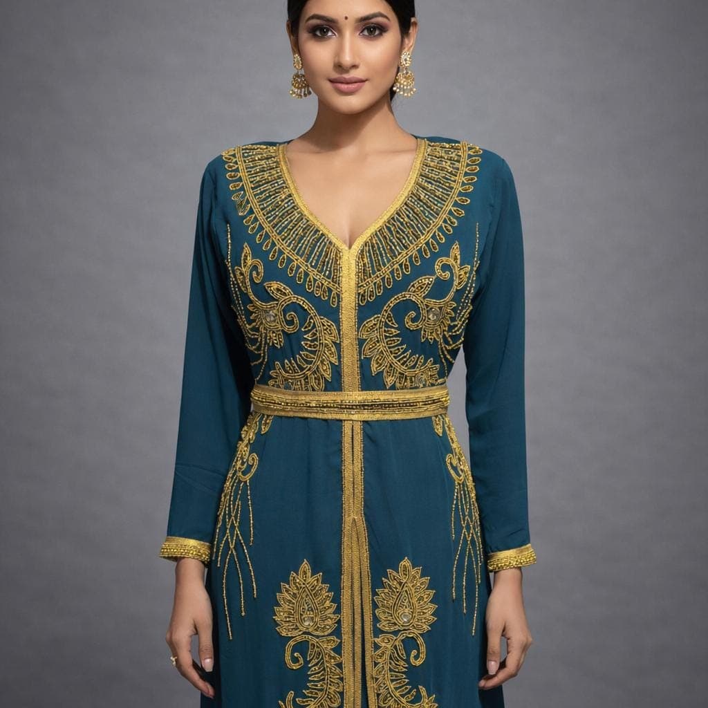 Embellished Georgette Kaftan Dress | Islamic Abaya with Worked Hijab - image 4