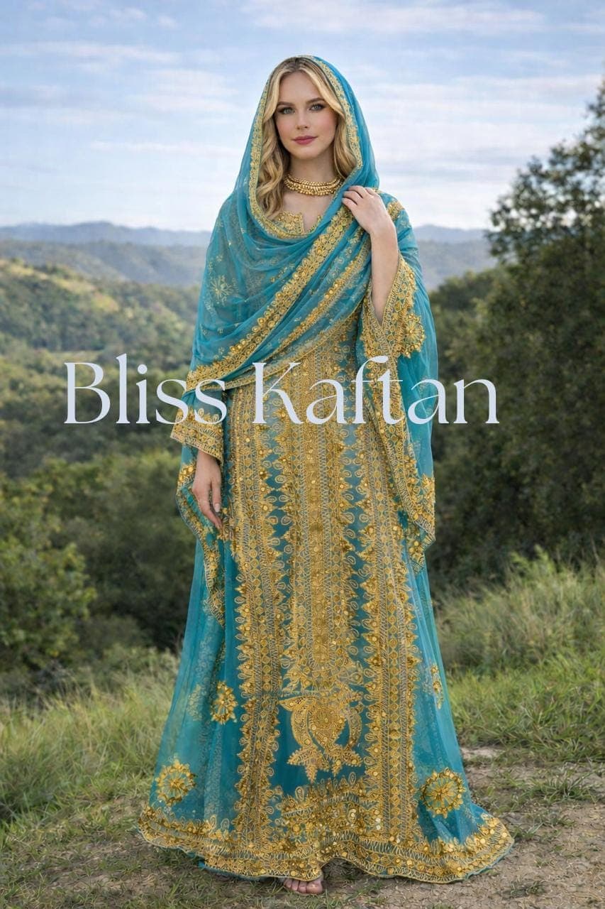 Hand Embellished Georgette Kaftan Dress, Crystal Detail, Matching Beaded Hijab