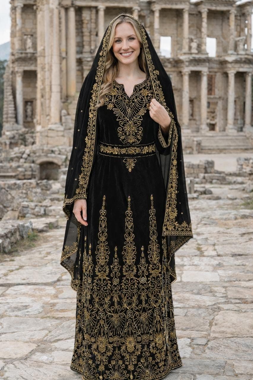 Luxurious Black Velvet Moroccan Kaftan Abaya Dress With Gold Floral Embroidery - Modest Islamic Fashion
