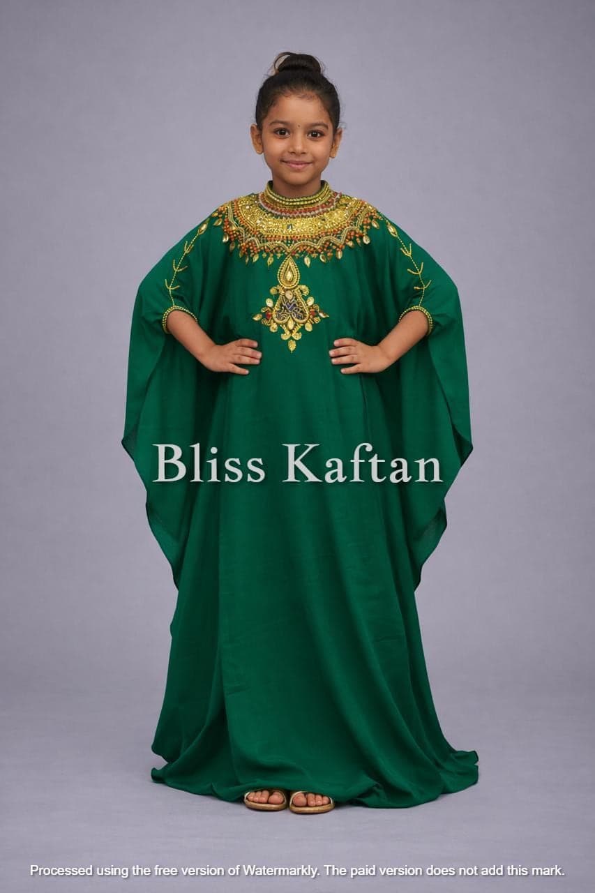 Kids Moroccan Kaftan Dress | Dubai Style Girls Abaya | Embellished Eid Outfit