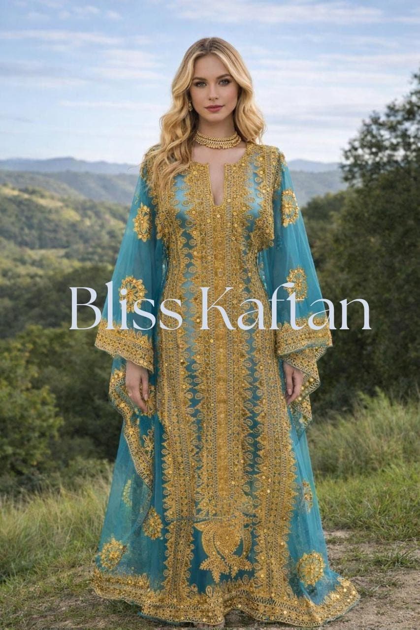 Hand Embellished Georgette Kaftan Dress, Crystal Detail, Matching Beaded Hijab - image 3