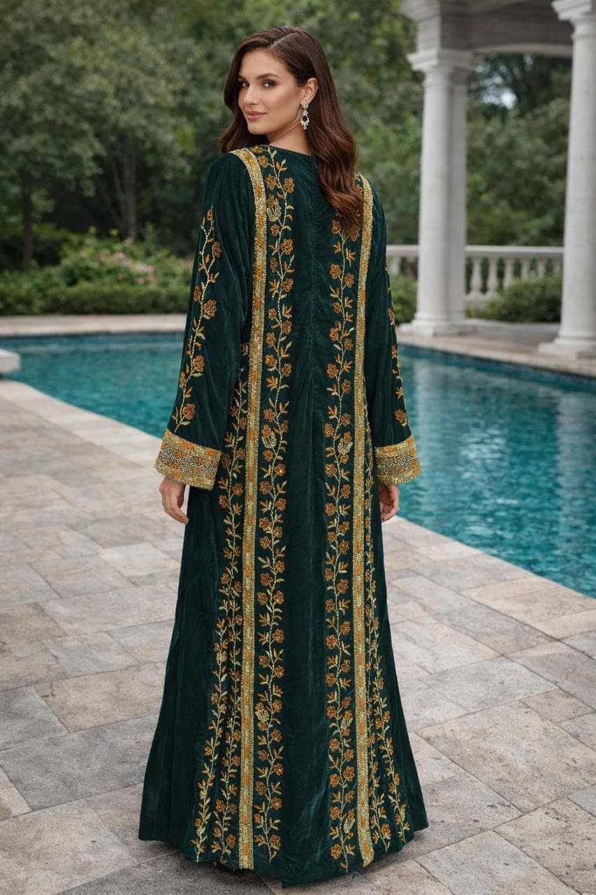 Elegant Green Moroccan Kaftan Abaya Dress With Gold Floral Embroidery - Modest Islamic Fashion - image 3