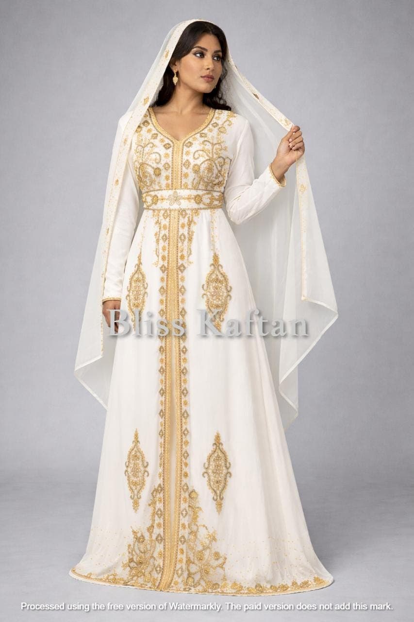 Embroidered Georgette Kaftan Dress, Gold Beaded Abaya, Modest Islamic Gown - image 4