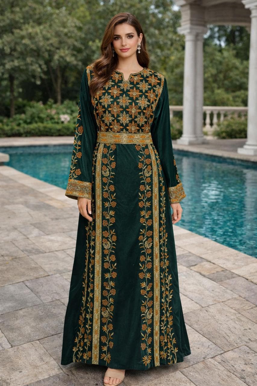 Elegant Green Moroccan Kaftan Abaya Dress With Gold Floral Embroidery - Modest Islamic Fashion