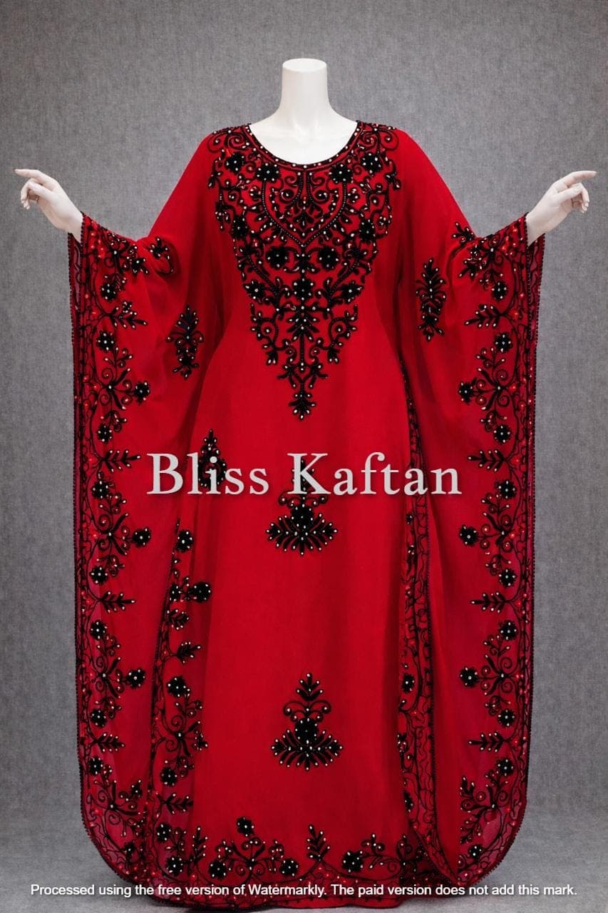 Red Beaded Moroccan Kaftan – Loose Fit Georgette Party Dress, Evening Wear