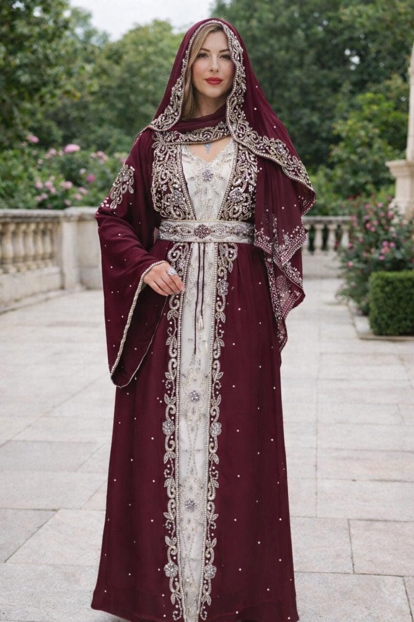 Handmade Beaded Kaftan Dress | Dubai Style Abaya with Hijab