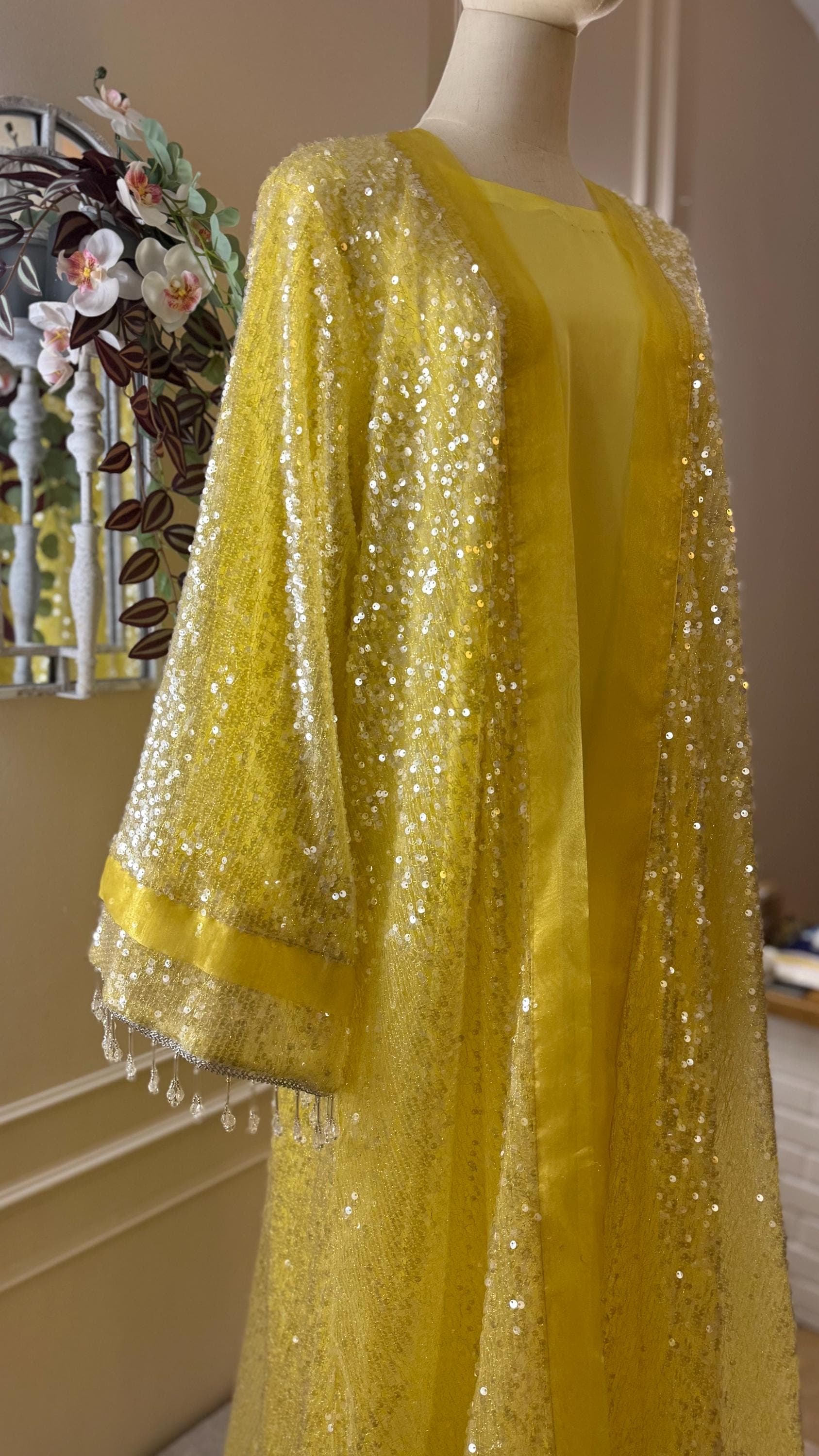 Yellow Luxury Abaya with Pearl Sleeves – Elegant Eid Outfit – Flowy Modest Maxi Kimono – Wedding Dress - image 5