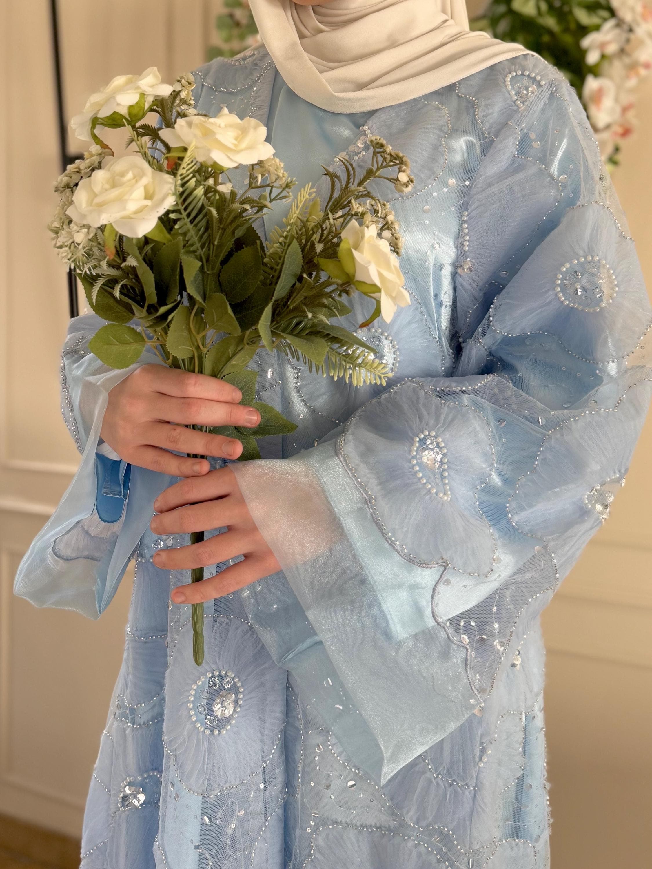 Luxury Blue Floral Abaya – 3D Embroidery Modest Dress, Elegant Eid Abaya, Modest Fashion Wedding Guest Dress - image 4