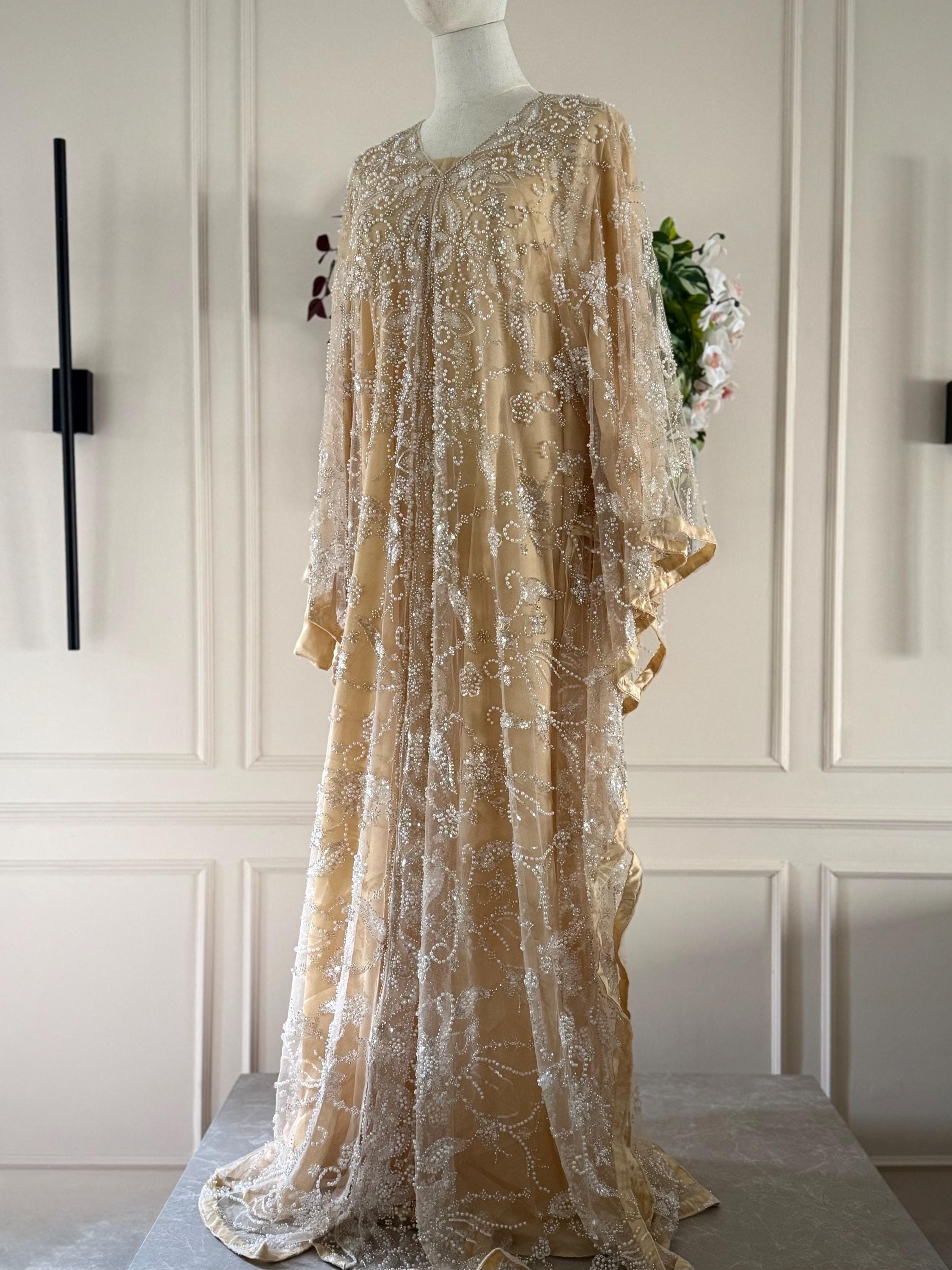 Luxury Gold Abaya Butterfly | Embroidered Tulle Abaya | Pearl Sequin Abaya | Modest Wedding Dress | Eid Abaya | Silk Inner Dress | Hayali At