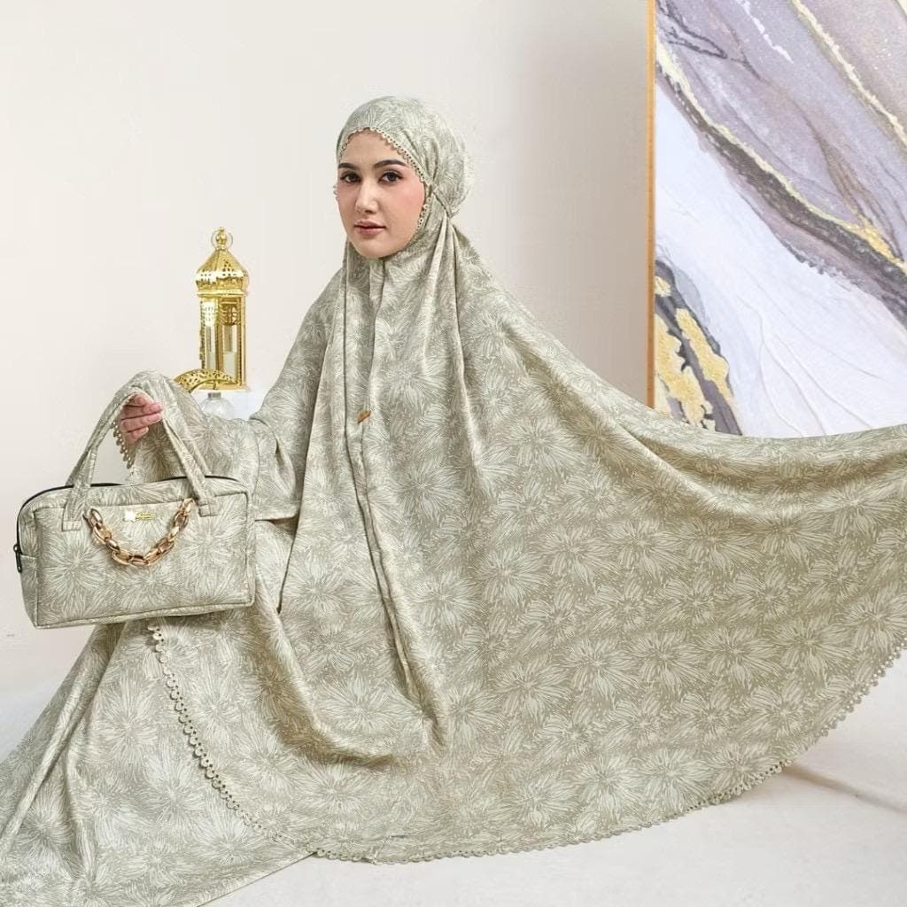 Floral Santorini Silk Mukena, Mom and Kids 2-in-1 Prayer Dress, Laser-Cut Detail, Travel Set