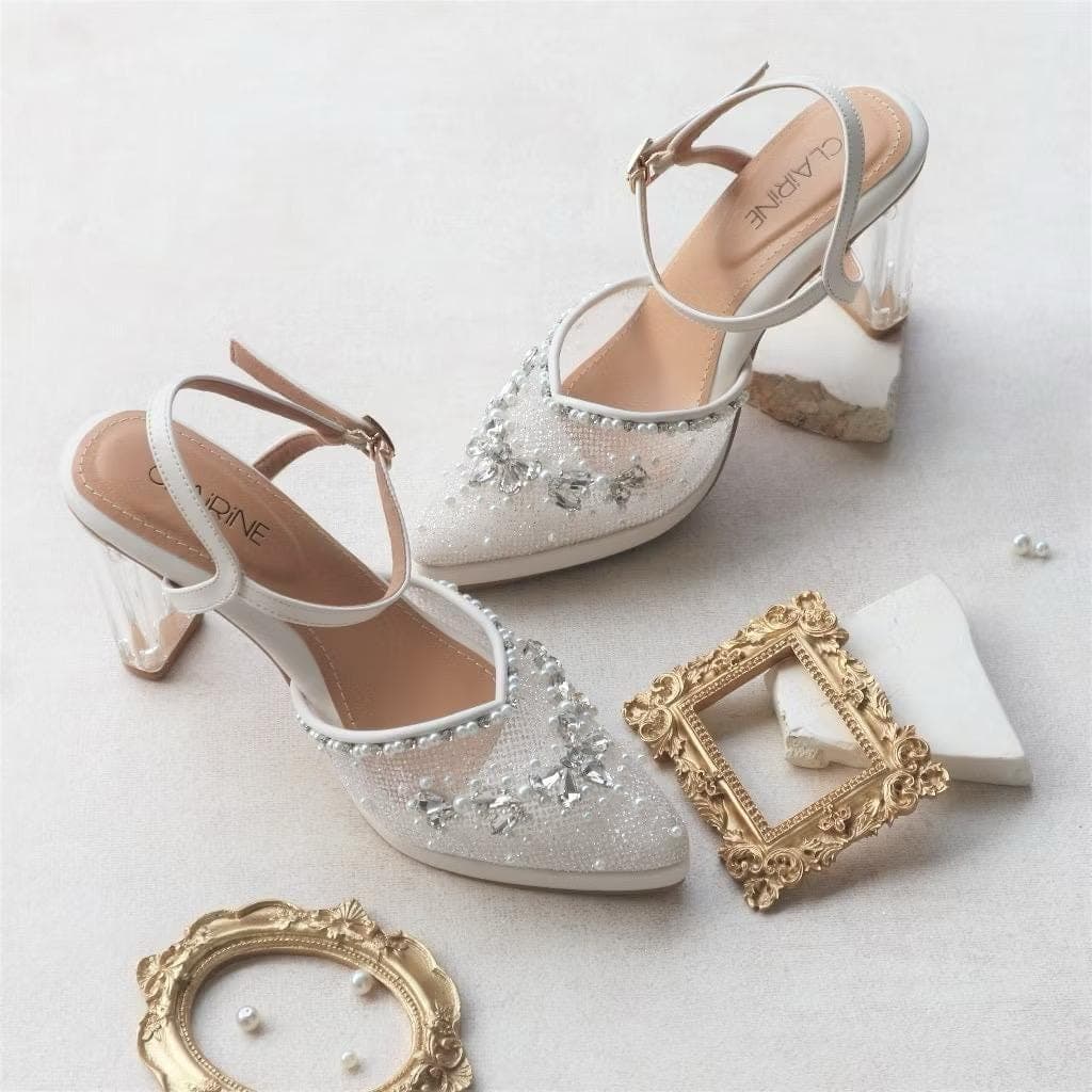 Saila White Gliter Chunky Heels β Vintage 10cm Wedding Sandals, Party Shoes - image 4