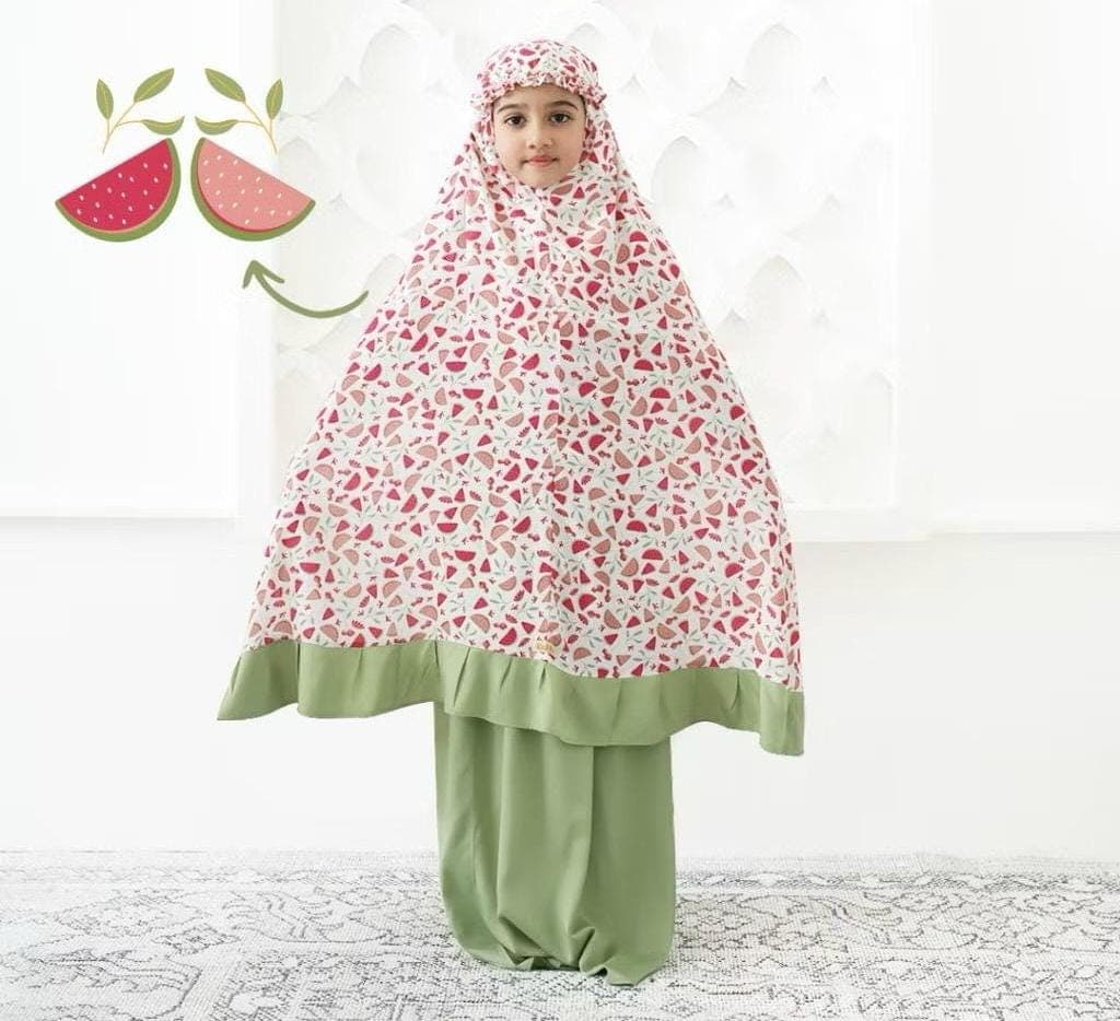 Kids Mukena Prayer Outfit – Watermelon Pattern, 100% Natural Rayon, Lightweight Breathable Dress - image 4
