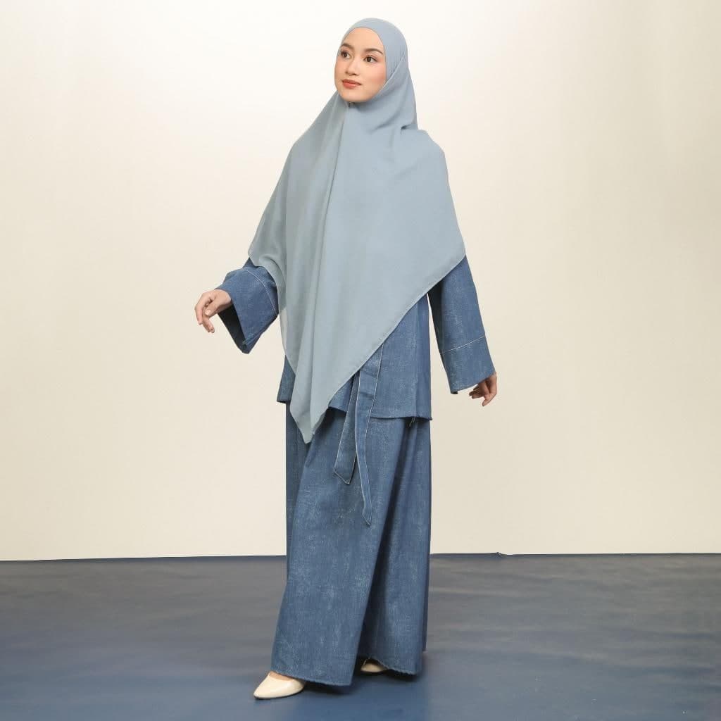 Washed Denim Two Piece Set, Loose Blouse, Long Skirt, Minimalist Hijab Outfit - image 3