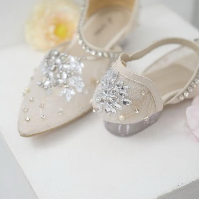 Lace Wedding Custom Heels – Pearl Crystal Embellished Pointed Toe Slingback Bridal Shoes