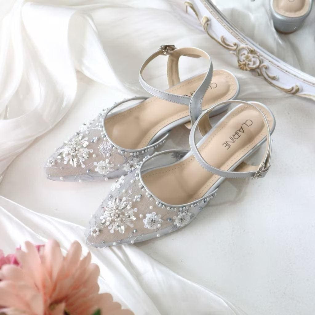 Elegant Silver Pointed Toe Kitten Heels, The Jasmine Edition Bridal Shoes, Beaded Heels 3cm