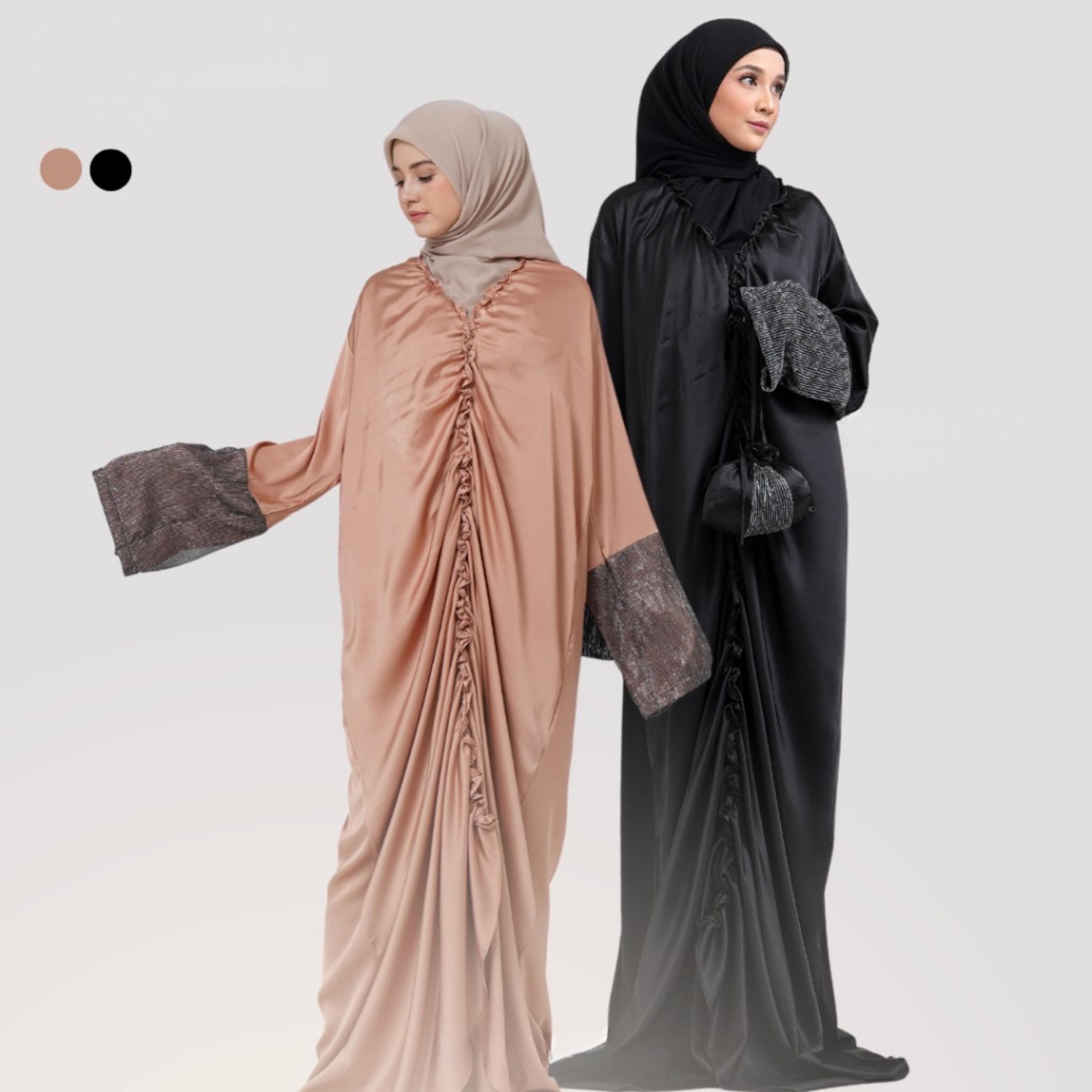 Luxury Silk Mukena Abaya – Pleated Muslim Prayer Dress, Prayer Robe with Travel Pouch