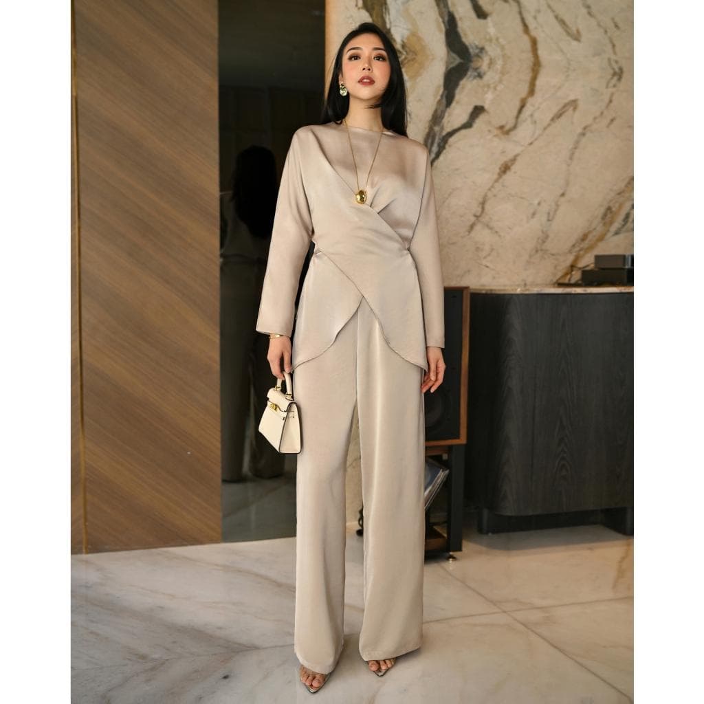 Two Piece Semi-Satin Set, Wrinkle-Free Top and Pants, Minimalist Formal Lounge Wear, Modest Outfit - image 3