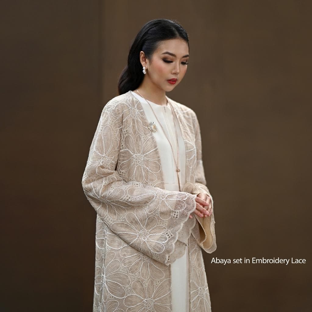Lace Embroidered Abaya Set – Semi Satin Inner Dress, Modest Formal Muslim Wear