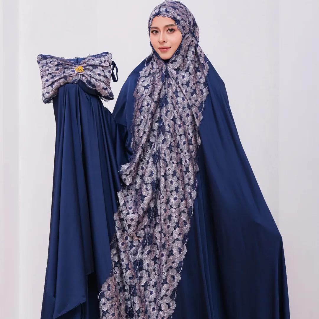 Armani Silk Prayer Robe, One-Piece Hijab Dress with Lace, Matching Pouch