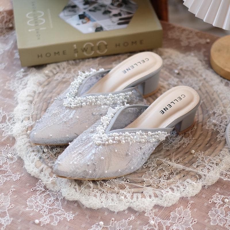 Brenda Beads White Gold Grey Heels – 5cm Chunky Bridal Wedding Party Shoes - image 3