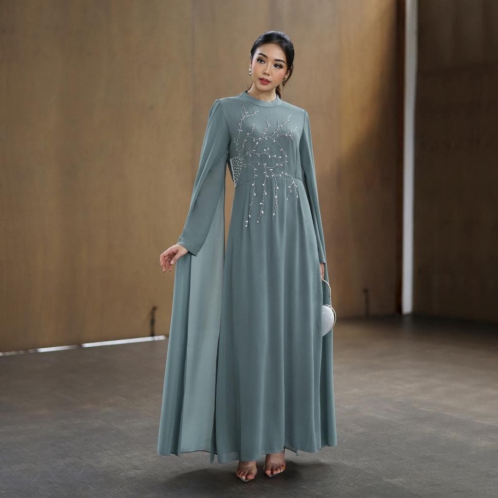 Muslimah Maxi Dress – Ceruty, Beaded Detail, Long Sleeve Abaya for Special Occasions