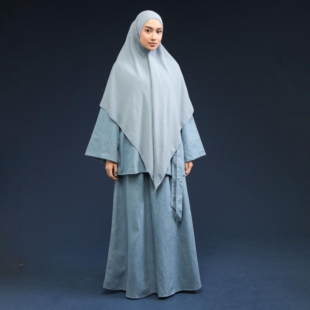 Washed Denim Two Piece Set, Loose Blouse, Long Skirt, Minimalist Hijab Outfit