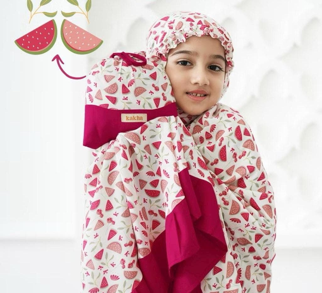 Kids Mukena Prayer Outfit – Watermelon Pattern, 100% Natural Rayon, Lightweight Breathable Dress - image 5
