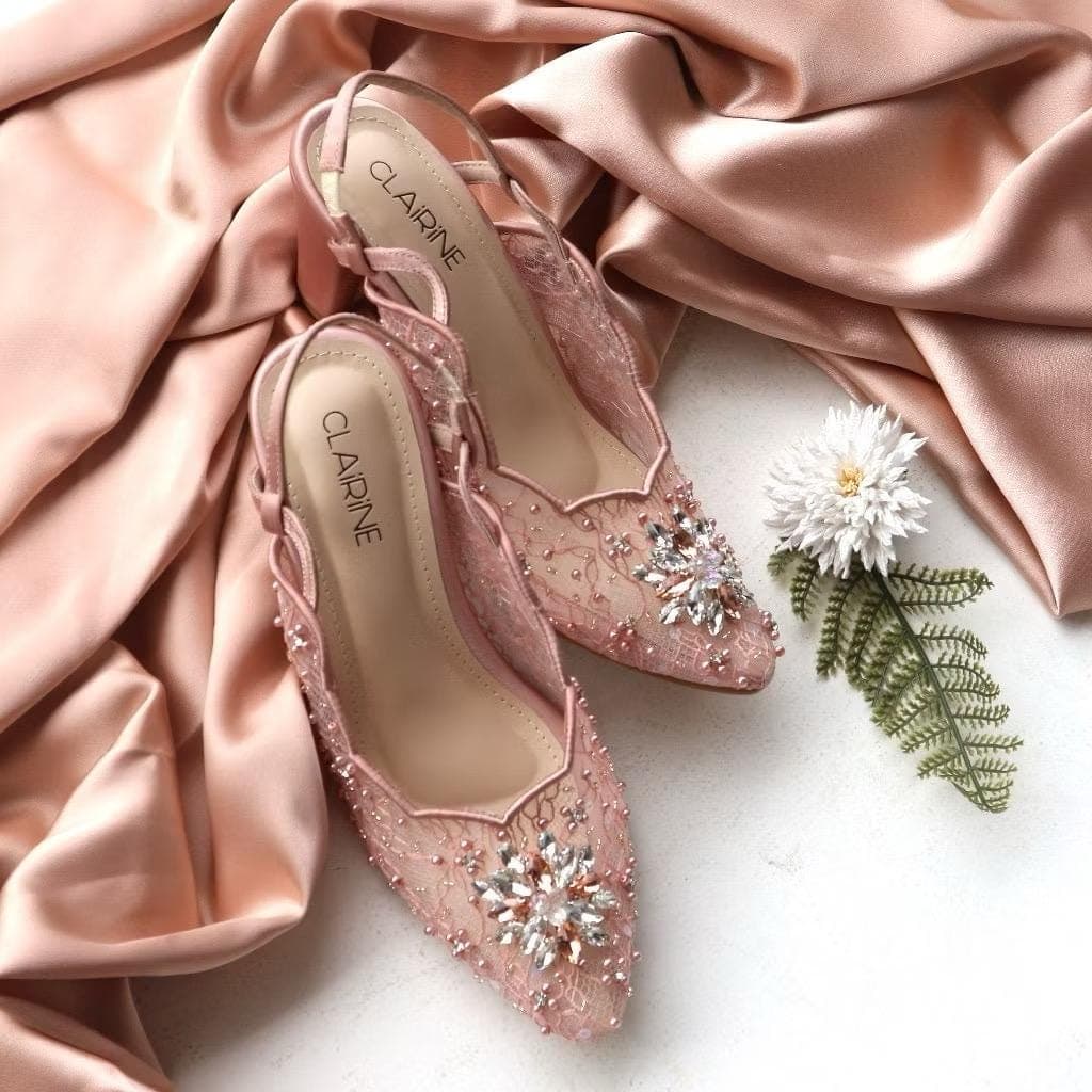Visty Lace Slide Heels – 7cm Pointed Toe Wedding Sandals in White, Ivory, Rose Gold