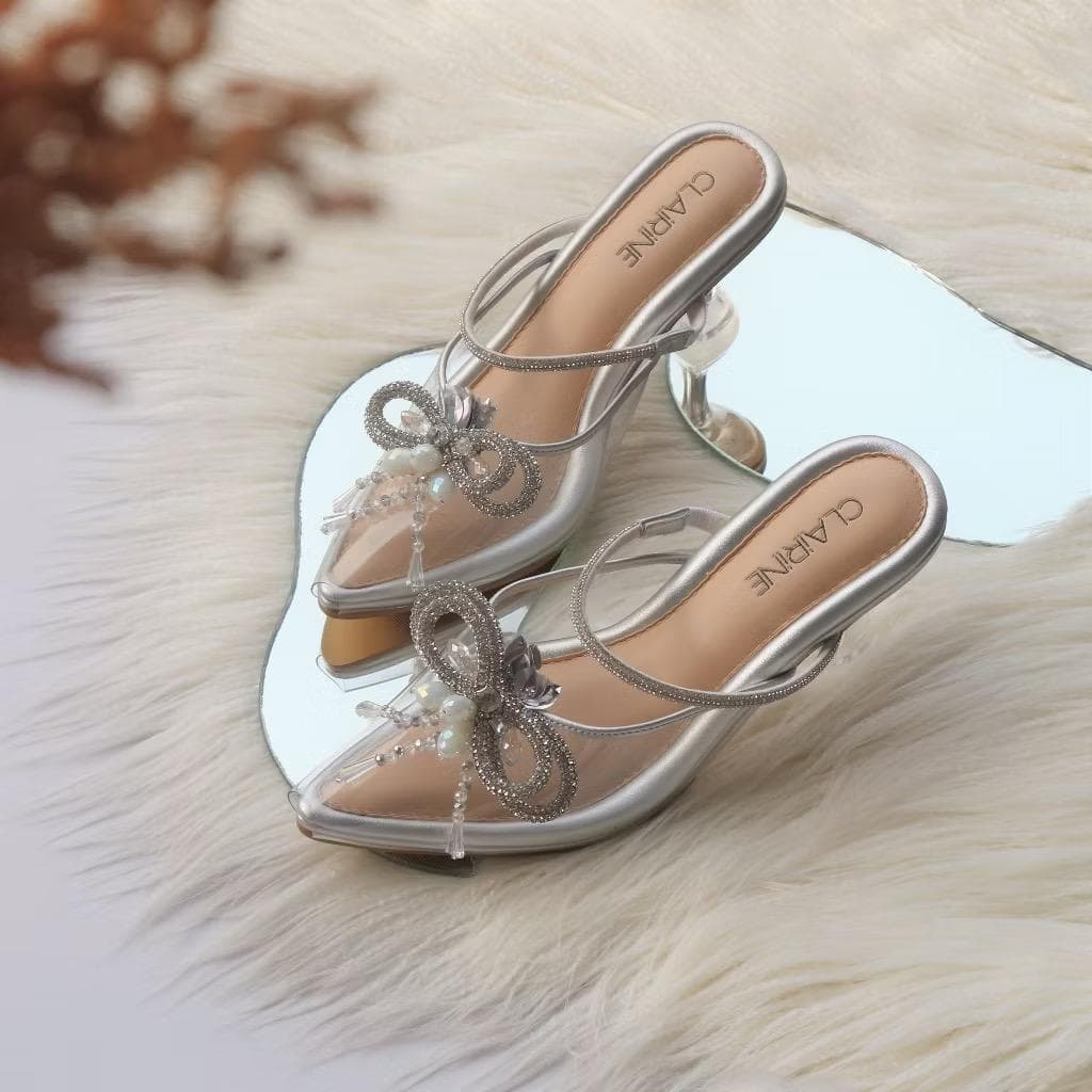 Clear Heel Wedding Sandals – Pointed Toe Bridal Heels, 7cm Transparent Heel, Silver White Shoes - image 3
