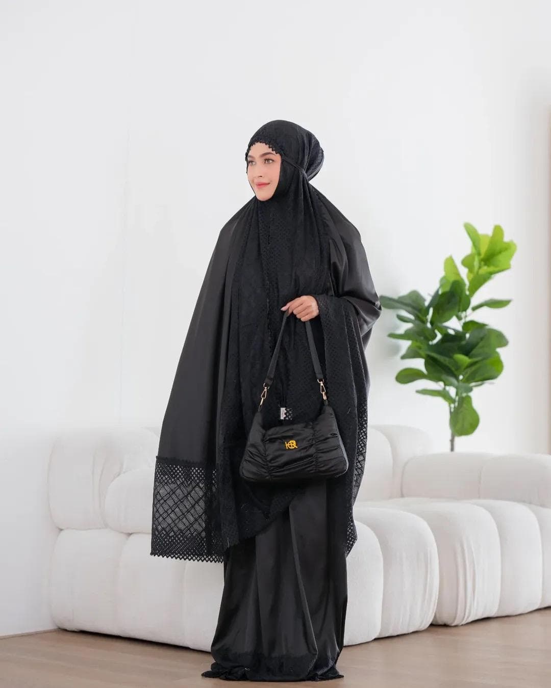 Armani Silk Prayer Set, Two-Piece Hijab Dress with Lace, Matching Bag, Timeless Mukena - image 4