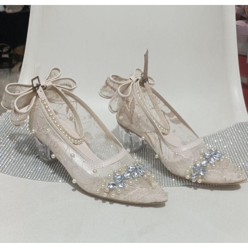 Custom Pearl Crystal Bridal Heels, Cream Bow Party Shoes, 5cm Elegant Wedding Footwear - image 4