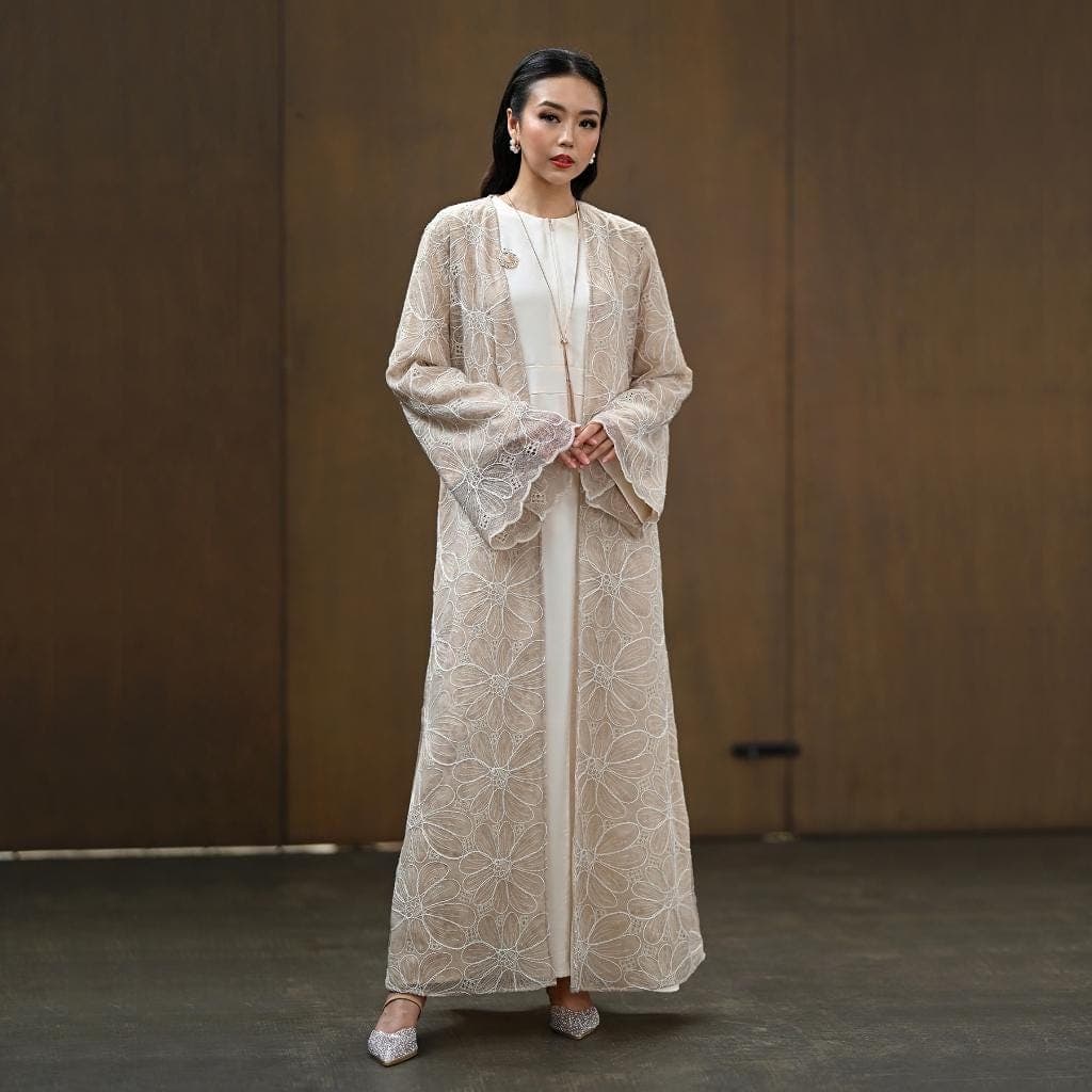 Lace Embroidered Abaya Set – Semi Satin Inner Dress, Modest Formal Muslim Wear - image 5