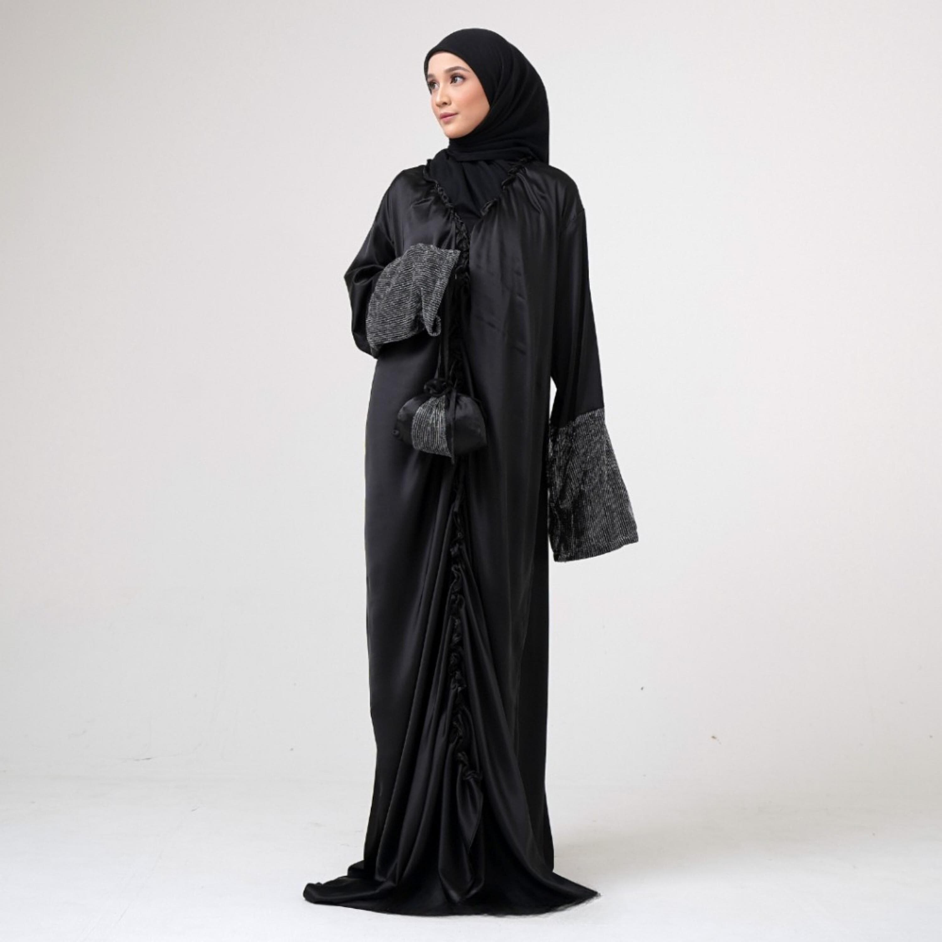 Luxury Silk Mukena Abaya – Pleated Muslim Prayer Dress, Prayer Robe with Travel Pouch - image 3