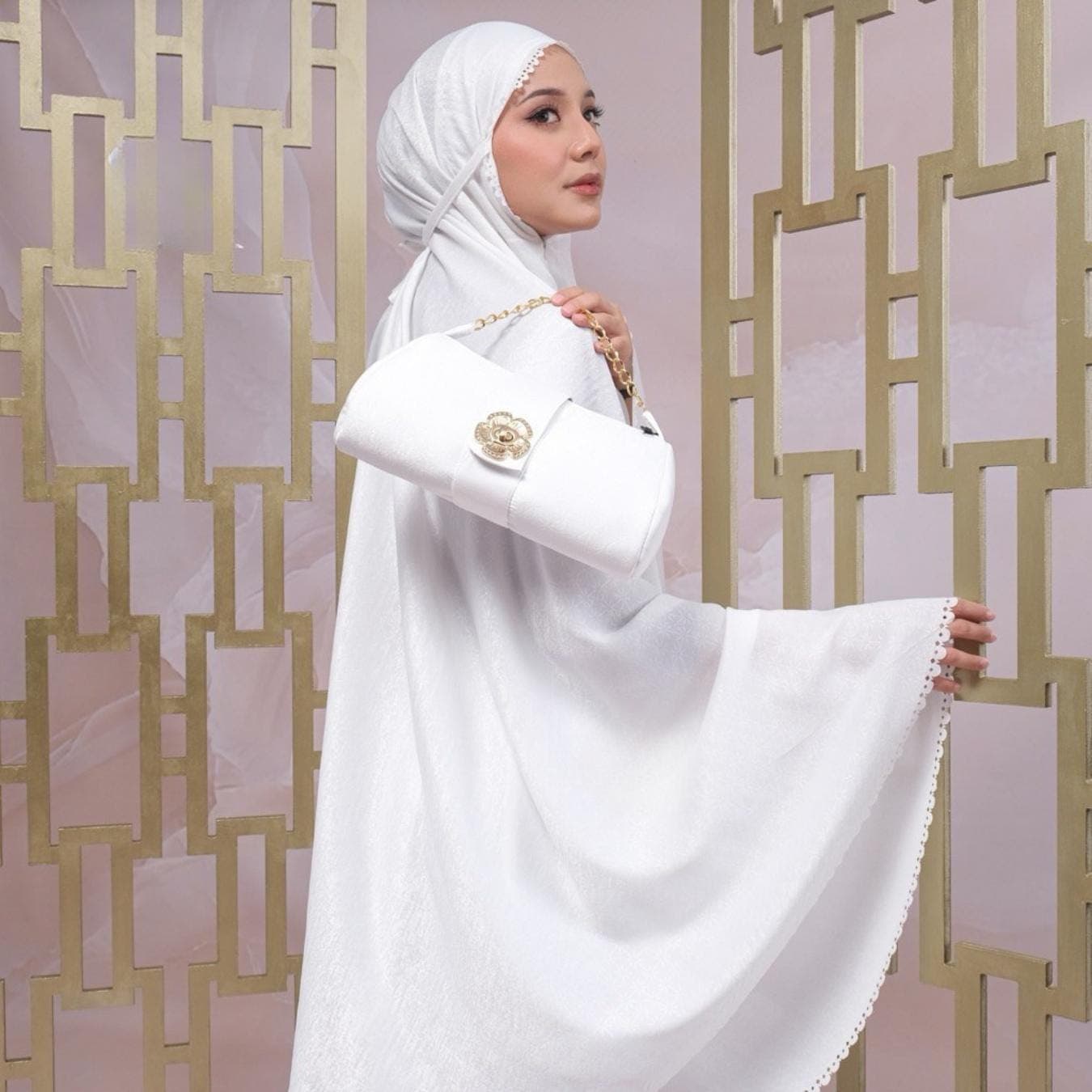 Luxury Textured Silk Prayer Set with Laser Cut & Elegant Clutch Bag , Mukena Handmade Indonesia - image 4