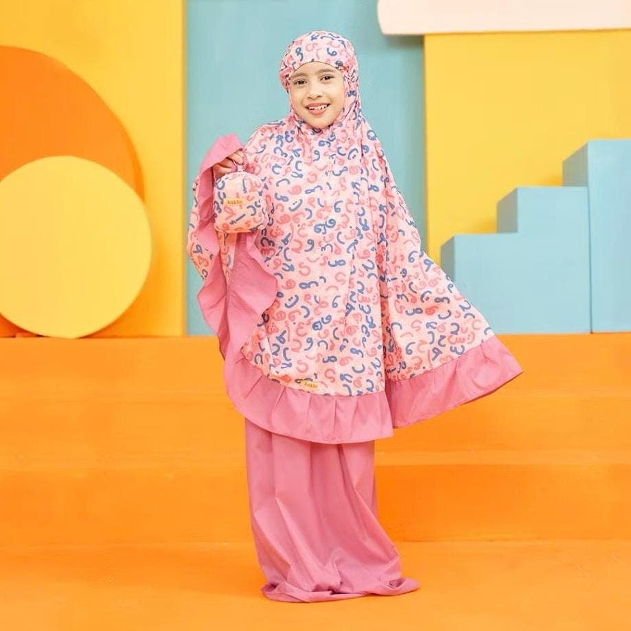 1-9 years Kids Mukena Prayer Set – Hijaiyah Pattern, Korean Fabric, Includes Bag