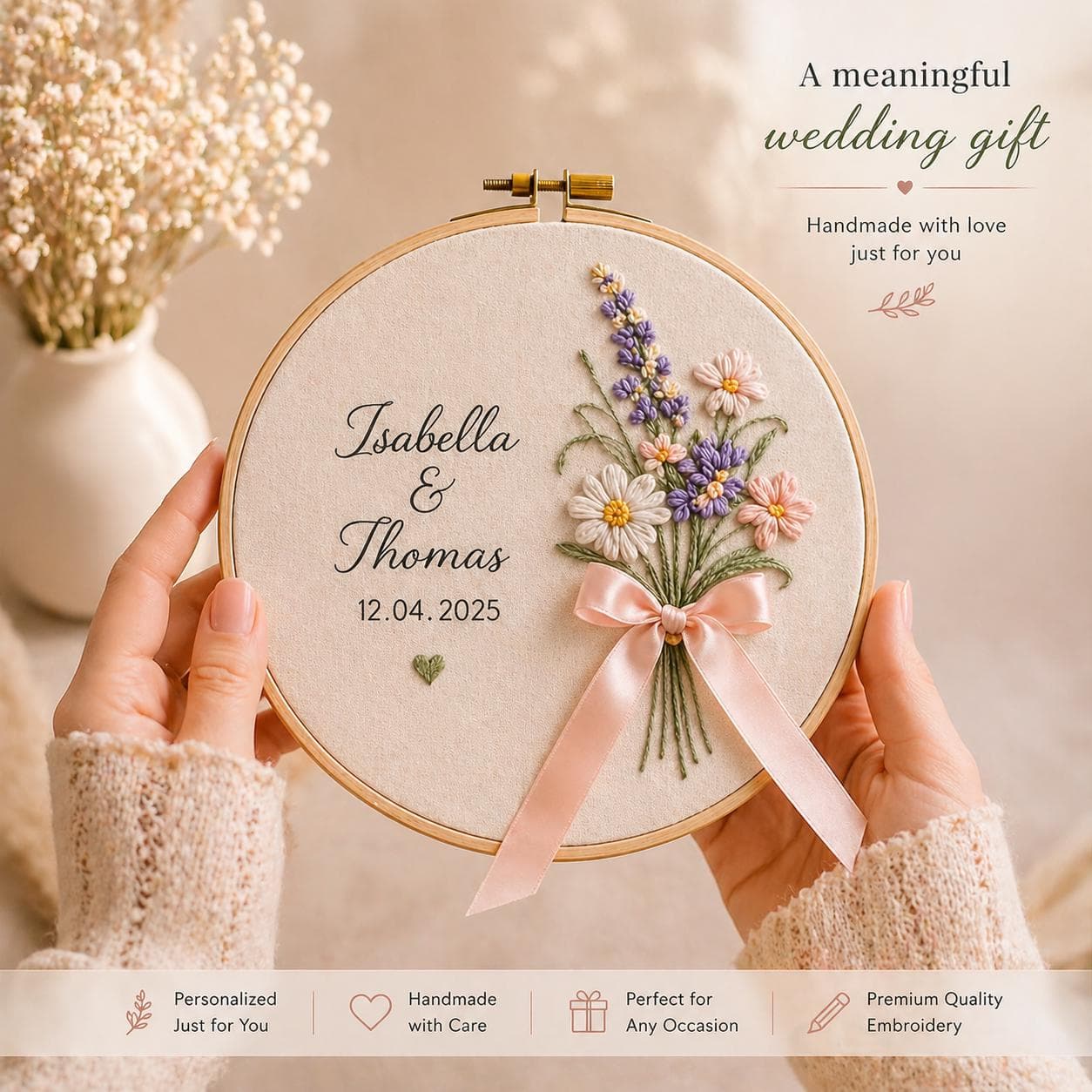 Custom Wedding Embroidery Hoop, Personalized Couple Names & Date, Wedding Gift, Bride Groom Gift, Anniversary Gift, Handmade Keepsake