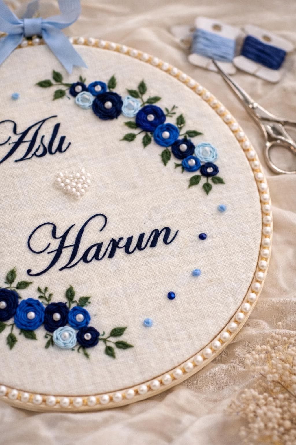 Luxury Wedding Embroidery Hoop, Personalized Couple Names & Date, Pearl Wedding Hoop, Bride Groom Gift, Anniversary Keepsake - image 3