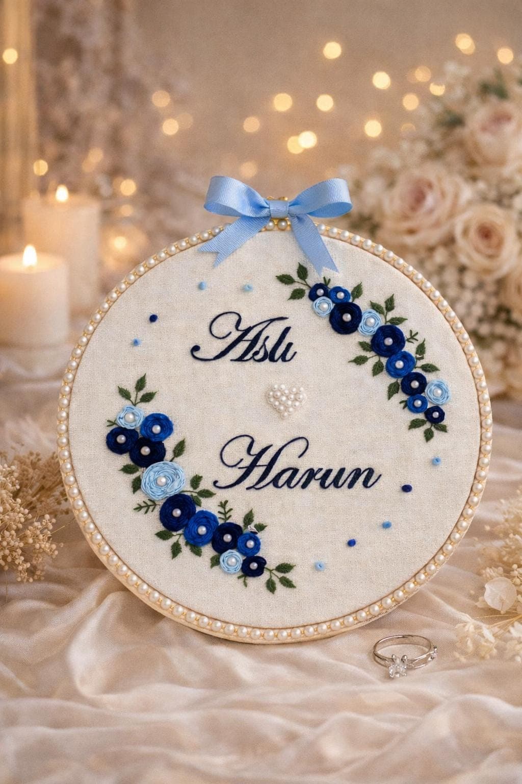 Luxury Wedding Embroidery Hoop, Personalized Couple Names & Date, Pearl Wedding Hoop, Bride Groom Gift, Anniversary Keepsake