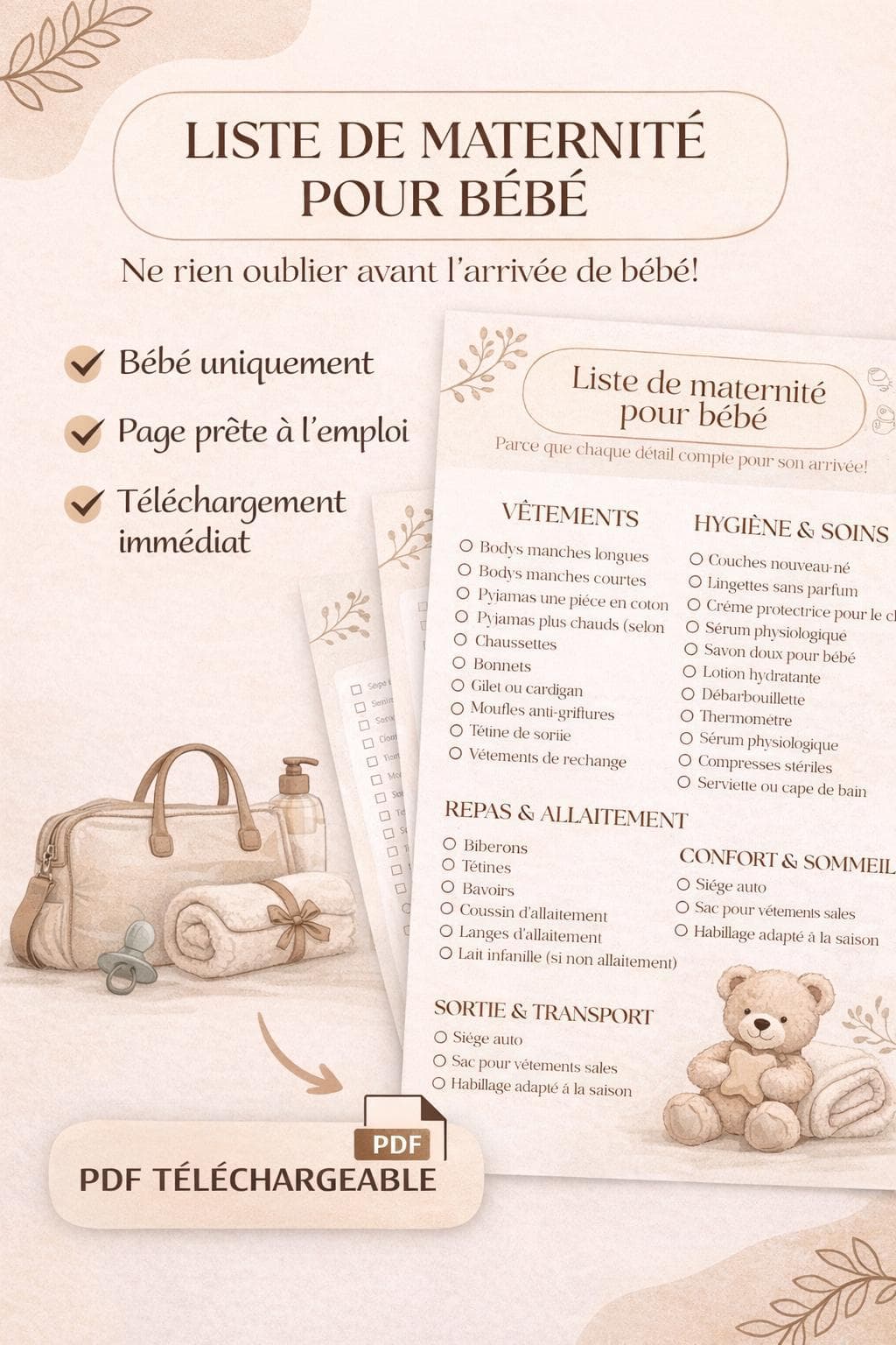 Liste maternité bébé printable en français | Checklist maternité bébé | PDF à imprimer | Essentiels naissance