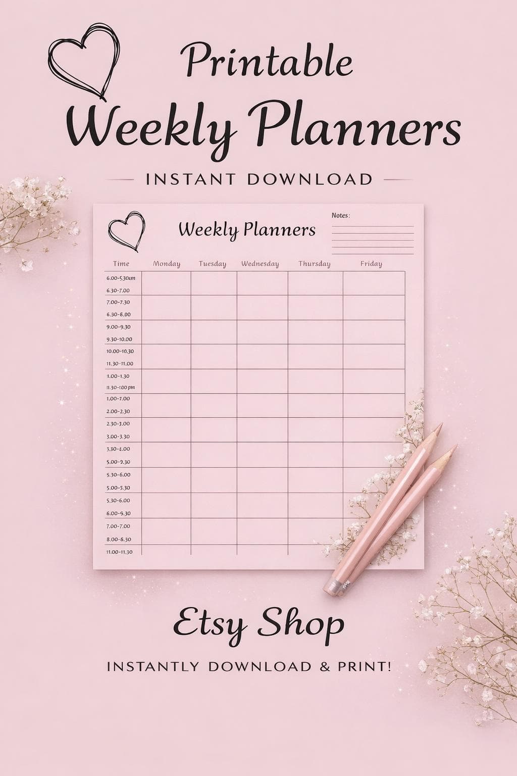Printable Weekly Planner | Minimal Pink Schedule | Hourly Planner | Instant Download | Digital Planner