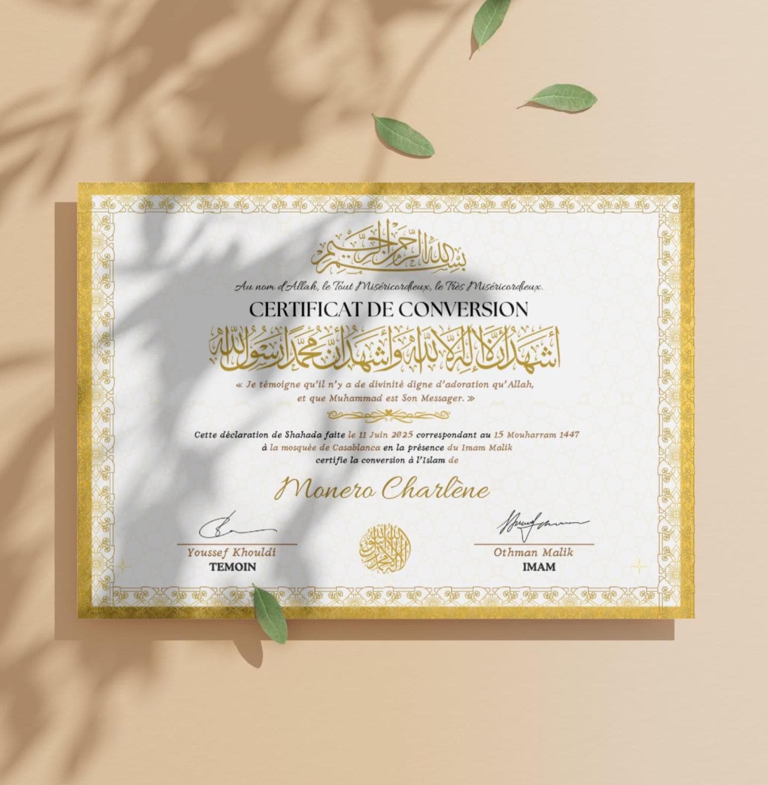 Certificat de Shahada Personnalisé PDF • Islamic Conversion Certificate • Attestation Conversion Islam • Muslim Printable Gift