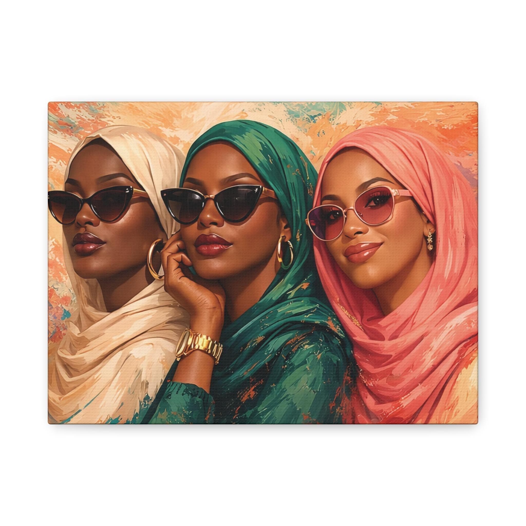 Modern Muslim Women Canvas Wall Art, Black Muslim Sisterhood Art Print, Modest Fashion Hijabi Artwork, Cultural Home Decor 12x9 16x12 20x16