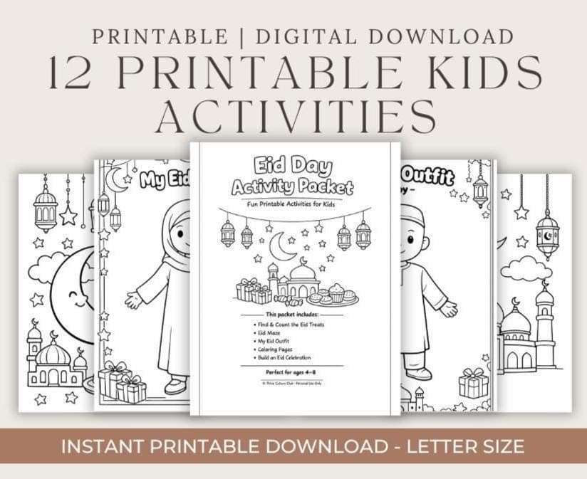 Eid Activities for Kids Printable | Ramadan Worksheets | Islamic Coloring Pages | Eid Kids Activity Pack | Preschool Homeschool PDF(Digital)
