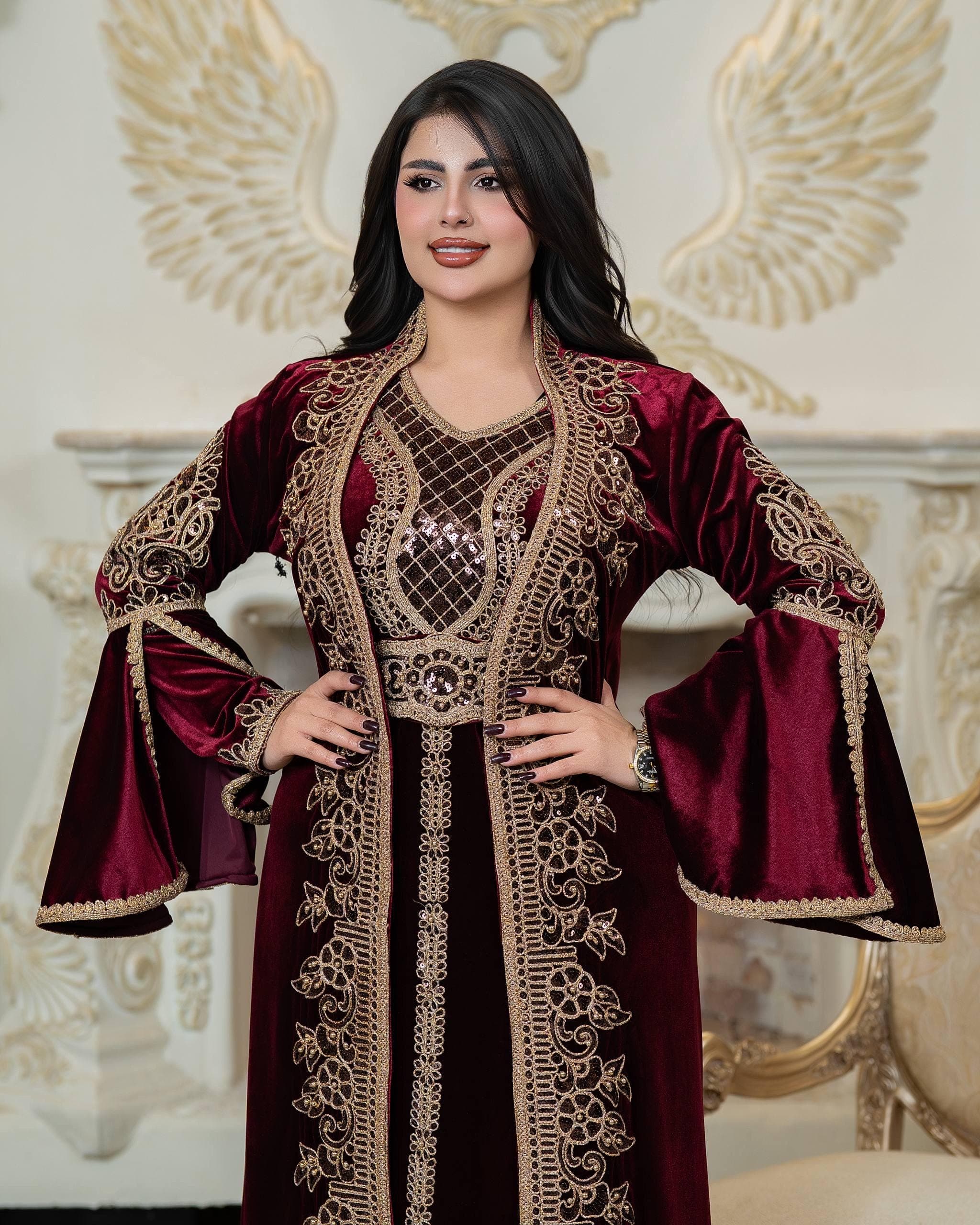 Luxury Velvet Kaftan Set | Embroidered Modest Islamic Dress, Crystal Belt, Henna Night - image 4