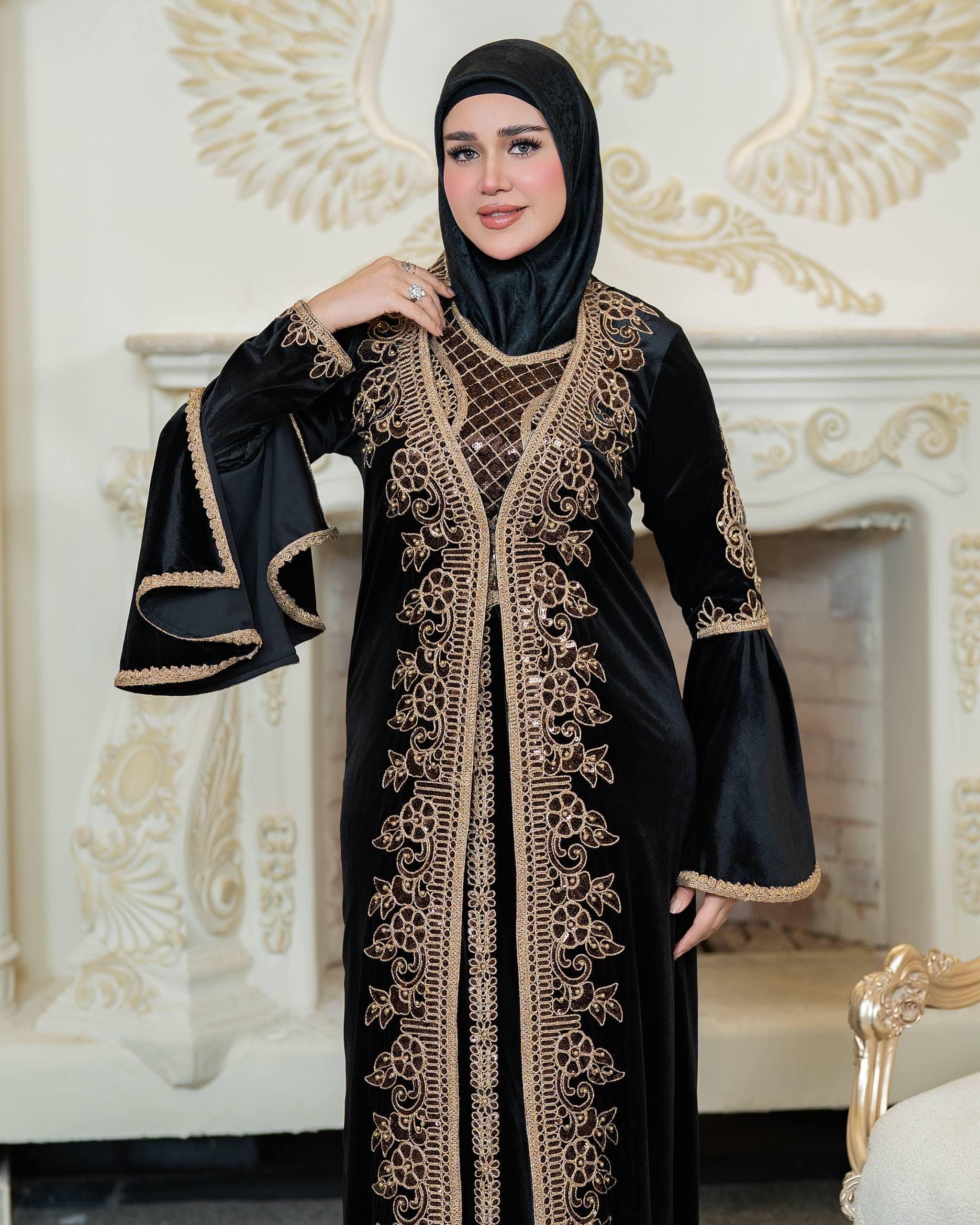 Luxury Qadifa Kaftan Dress | Embroidered & Crystal Detail | Modest Islamic Evening Wear for Wedding  Eid