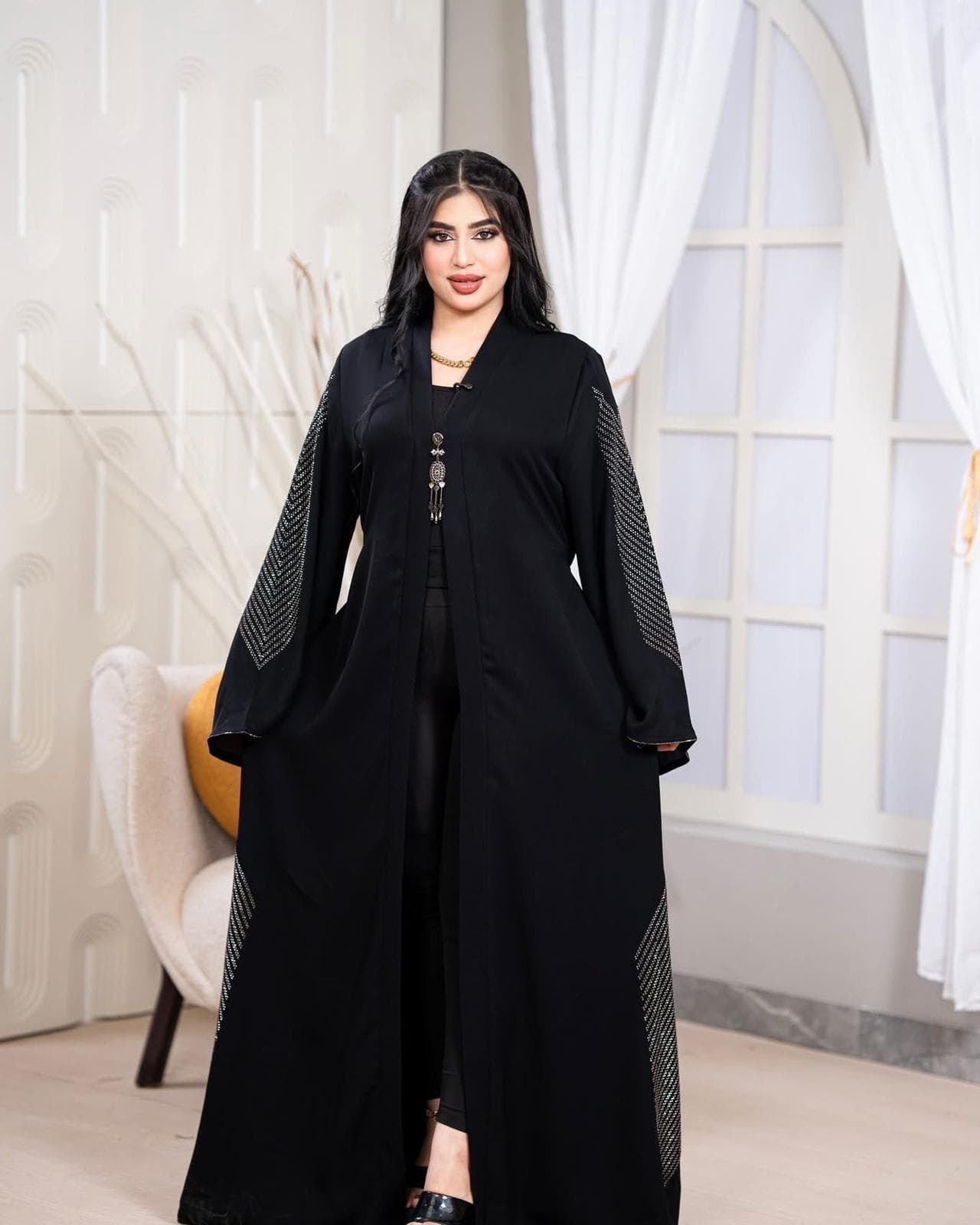 Black & White Crystal Abaya - Luxury Embellished Islamic Dress - Eid Wedding Party Wear - image 4