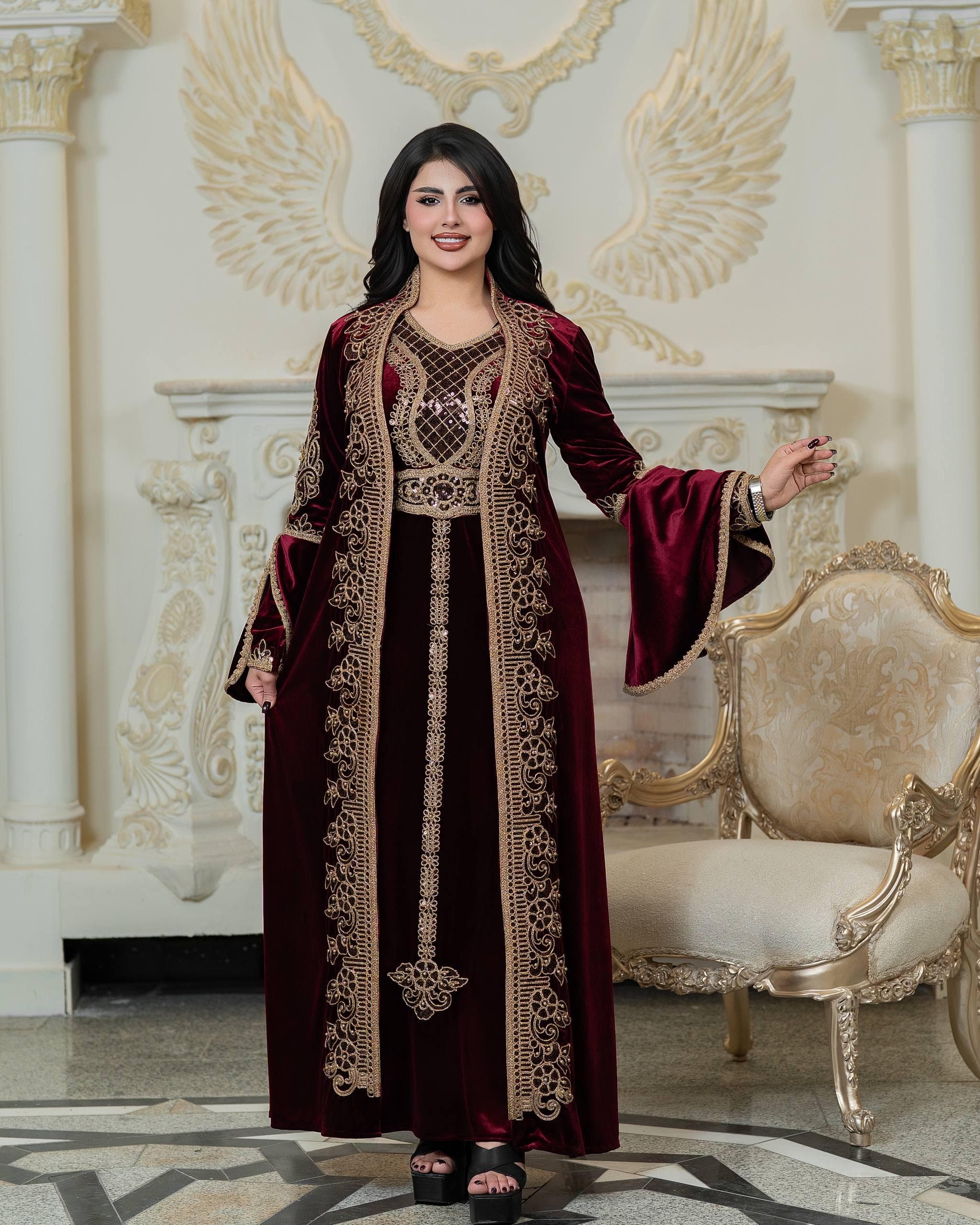 Luxury Velvet Kaftan Set | Embroidered Modest Islamic Dress, Crystal Belt, Henna Night