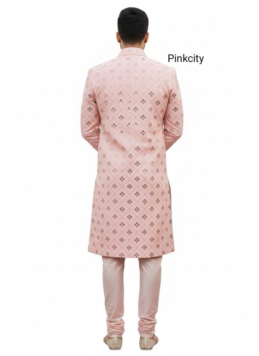 Men’s Pink Sherwani | Mirror Work Wedding for Groom | Pastel Groom Outfit | Indian Ethnic Wear - image 4