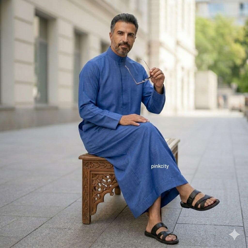 Men's Blue Thobe – Modern Saudi Style Cotton Jubba, Islamic Robe - image 3